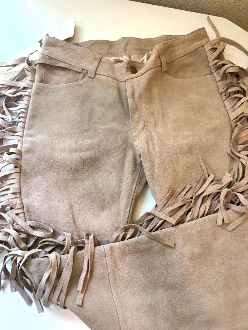 Rancho Estancia Acosta Suede Fringe Pants Small Western Beige Split Leather